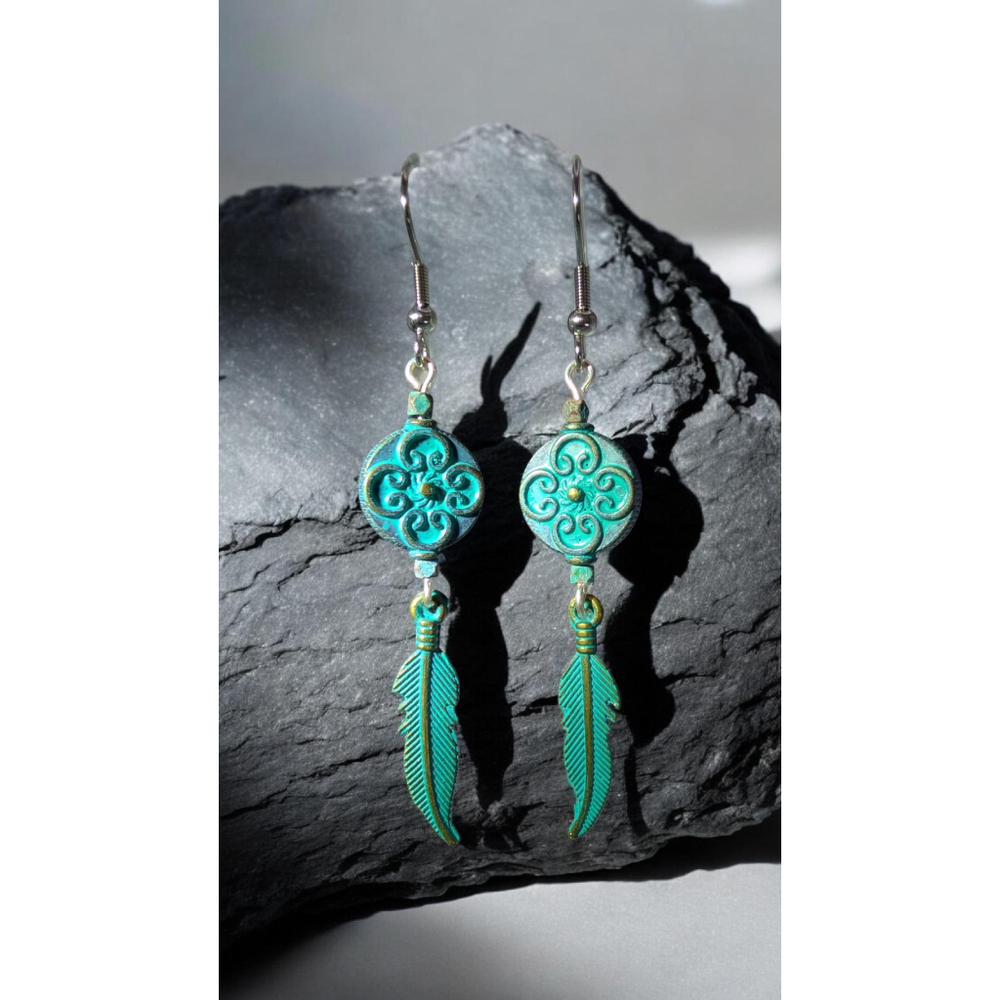 Boho Feather Earrings – Turquoise Green Dangle Earrings